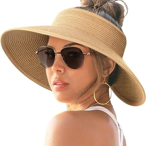 Accessories - Sun Visor Hats for Women Wide Brim Straw Ponytail Summer Beach Hat UV UPF Packab